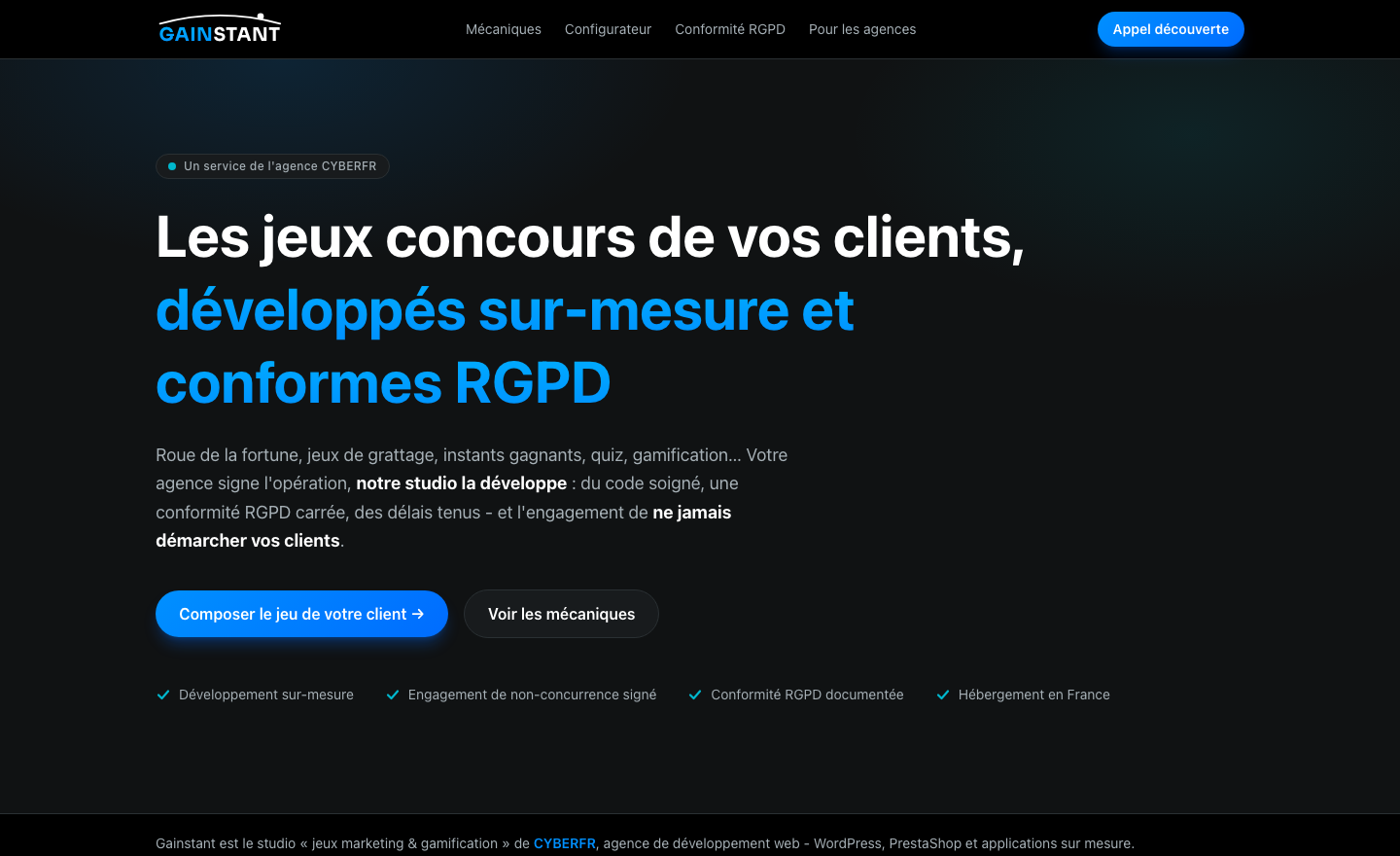 Le site gainstant.fr, studio de développement de jeux concours pour les agences