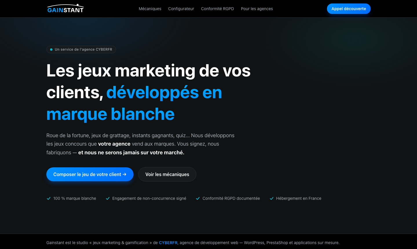 Le site gainstant.fr, studio de développement de jeux concours pour les agences
