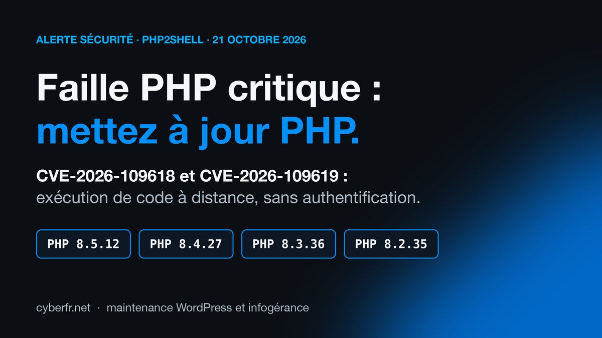 Faille PHP critique du 21 octobre 2026 (PHP2Shell) : mettez à jour PHP en 8.5.12, 8.4.27, 8.3.36 ou 8.2.35